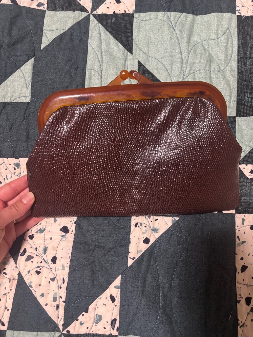 VINTAGE Brown Textured Frame Clutch with Amber Accent